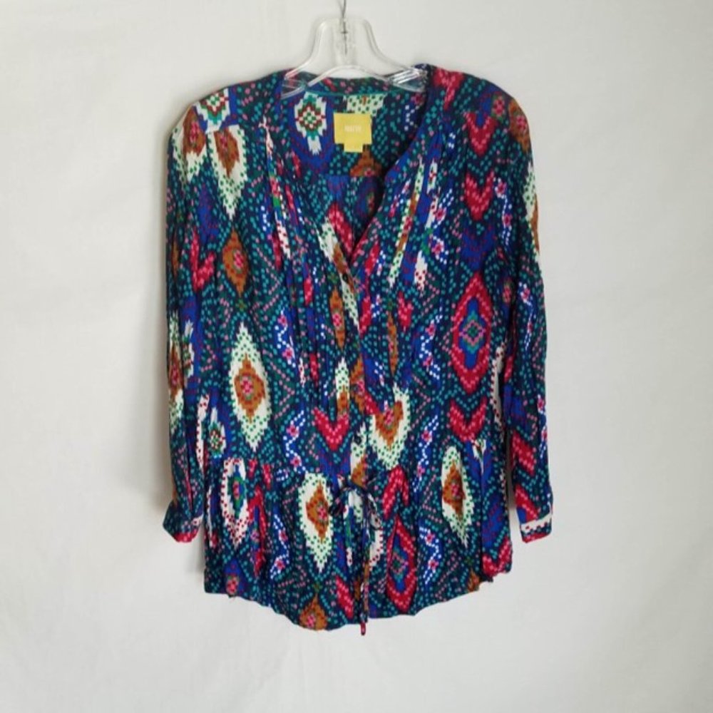 Maeve Anthropologie Geometric Pleated Button Front Tie Front L/S Shirt -  Size 4